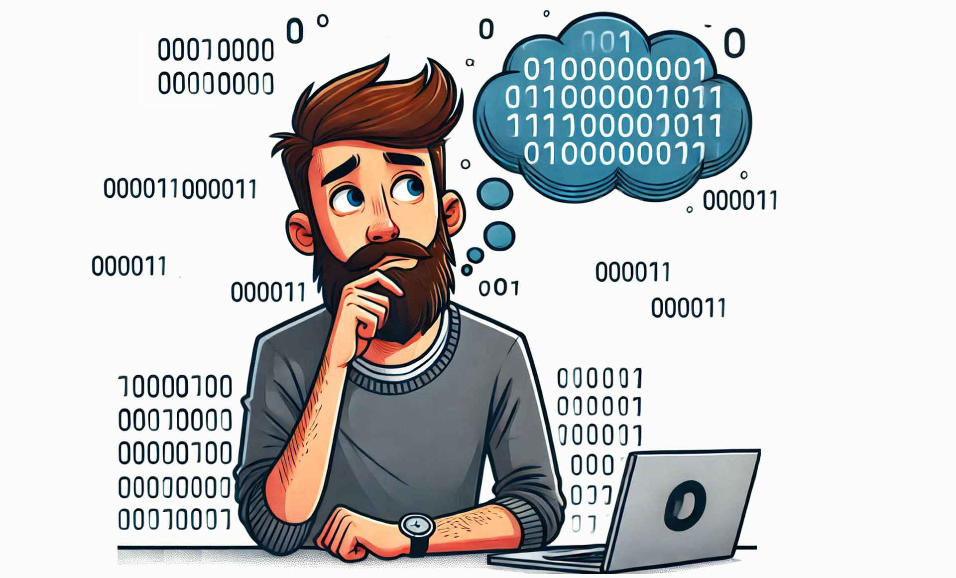 Man thinking of binary numbers with a laptop in front of him